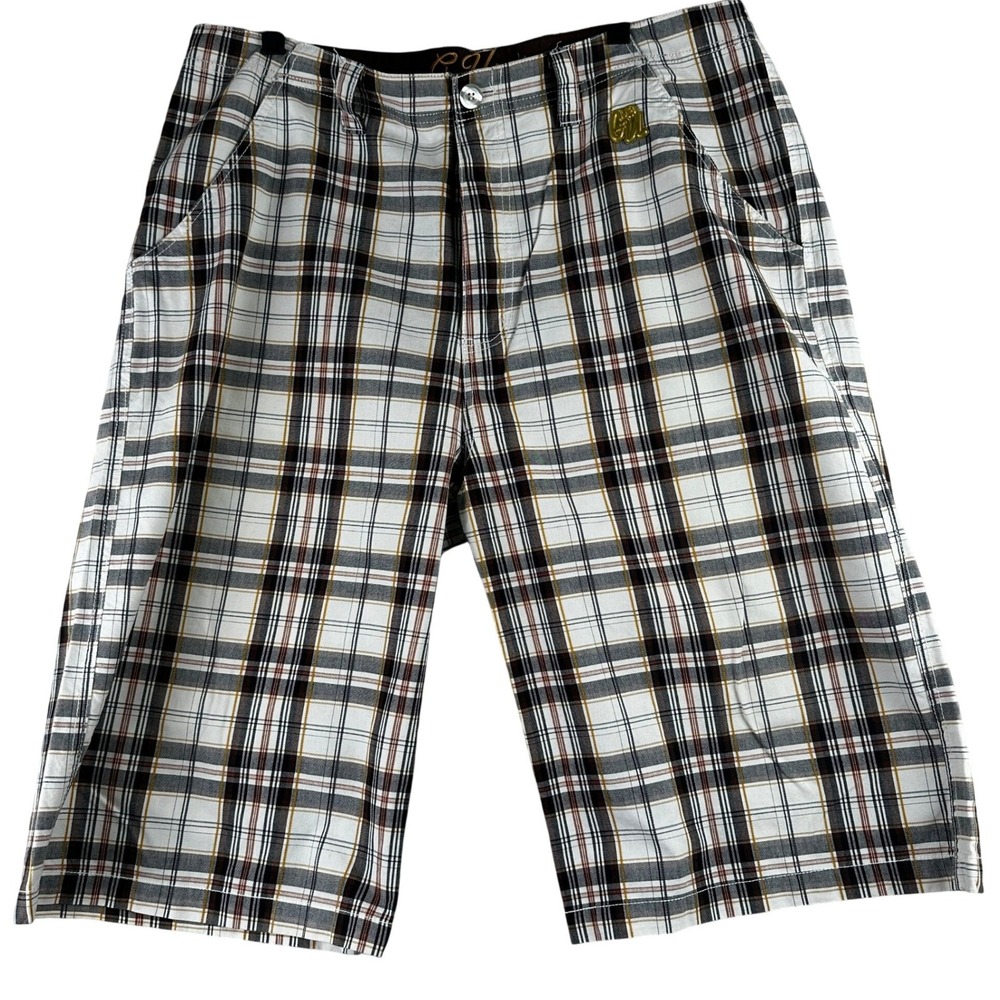 G-Unit Soul Cinema Plaid Cargo Shorts Mens 38 White Y2K Streetwear Hip Hop Baggy
